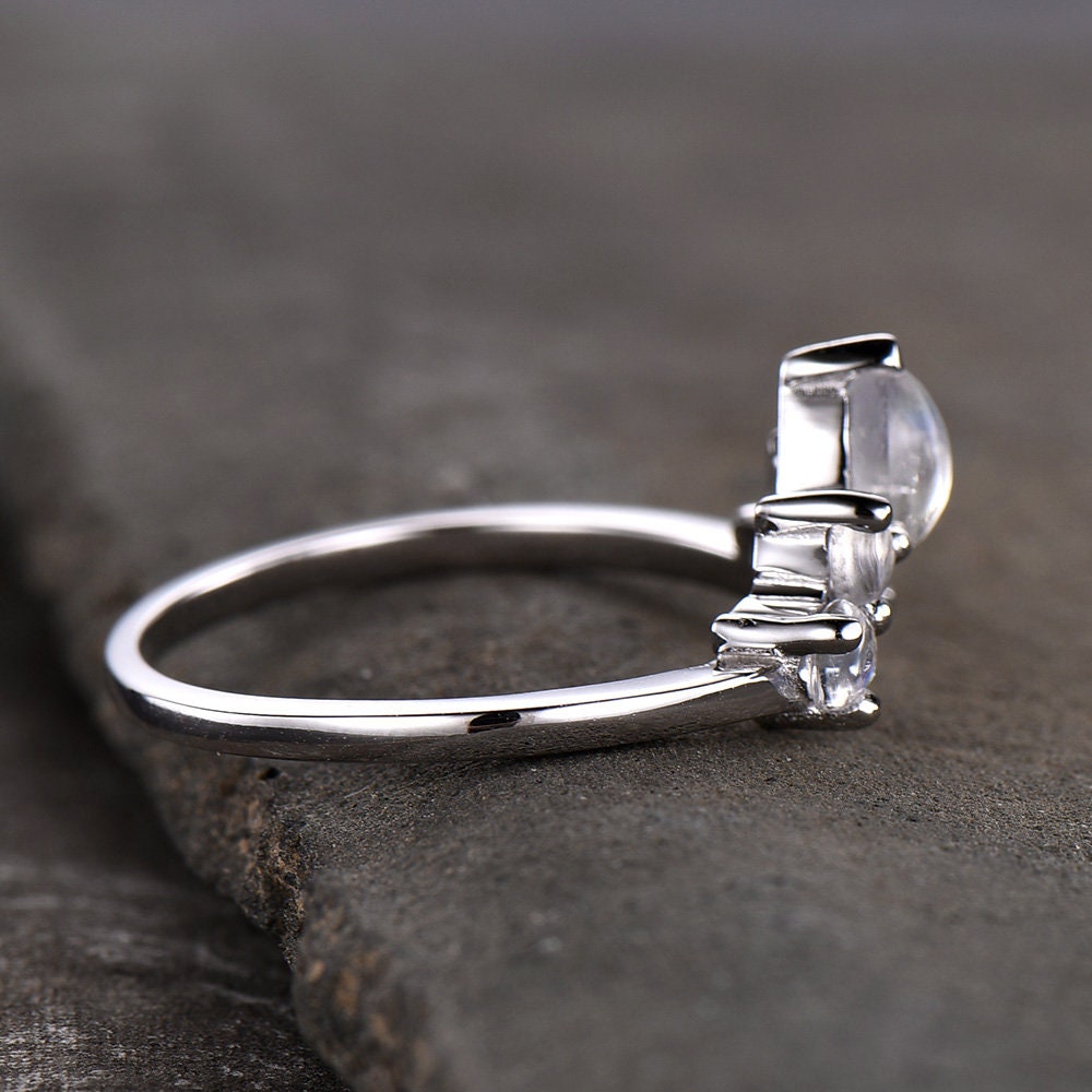Moonstone Ring Natural Rainbow Moonstone Gemstone Sterling Silver Ring Curve Matching Band Stacking Ring Moonstne Jewelry June Birthstone