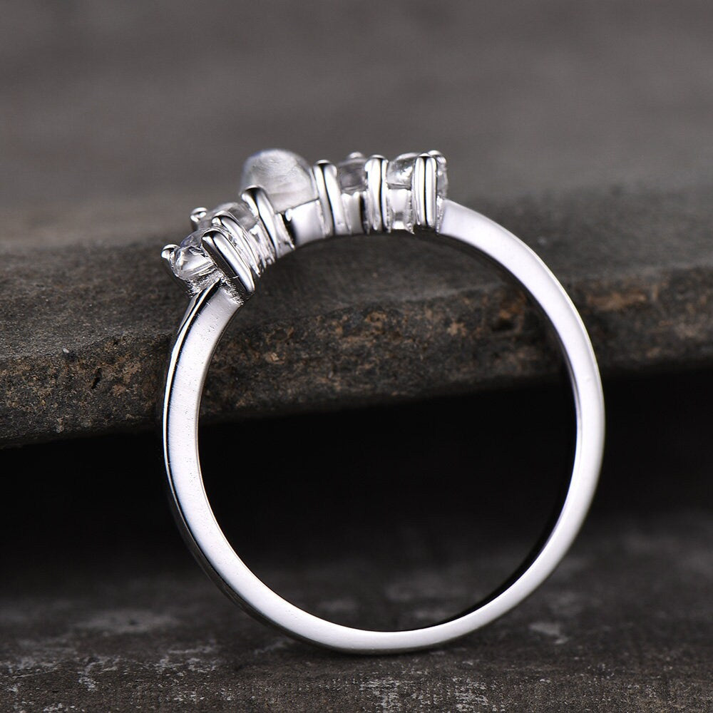 Moonstone Ring Natural Rainbow Moonstone Gemstone Sterling Silver Ring Curve Matching Band Stacking Ring Moonstne Jewelry June Birthstone