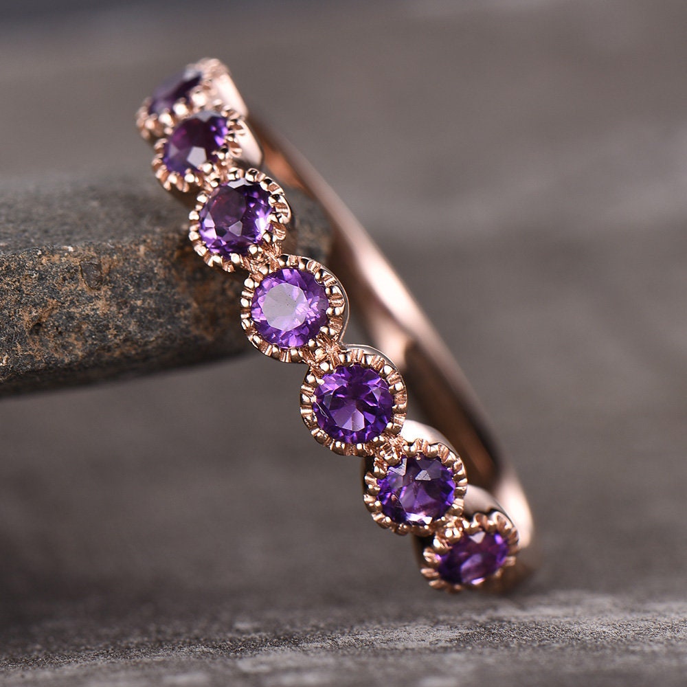 Art Deco Sterling Silver Ring Amethyst Wedding Band Half Eternity Ring February Birthstone Stackable Ring Matching Band Anniversary Gift