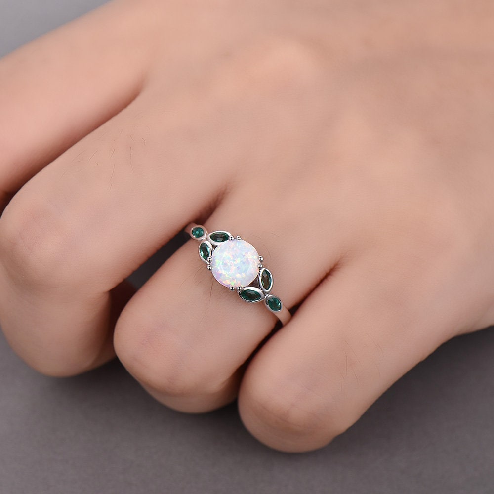 Opal Ring,Opal and Emerald Engagement Ring,Sterling Silver Ring,October Birthstone,Promise Ring, Gold Ring