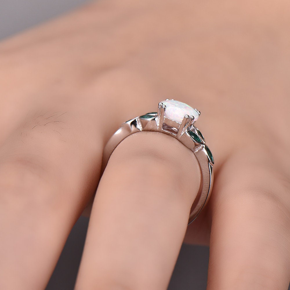 Opal Ring,Opal and Emerald Engagement Ring,Sterling Silver Ring,October Birthstone,Promise Ring, Gold Ring