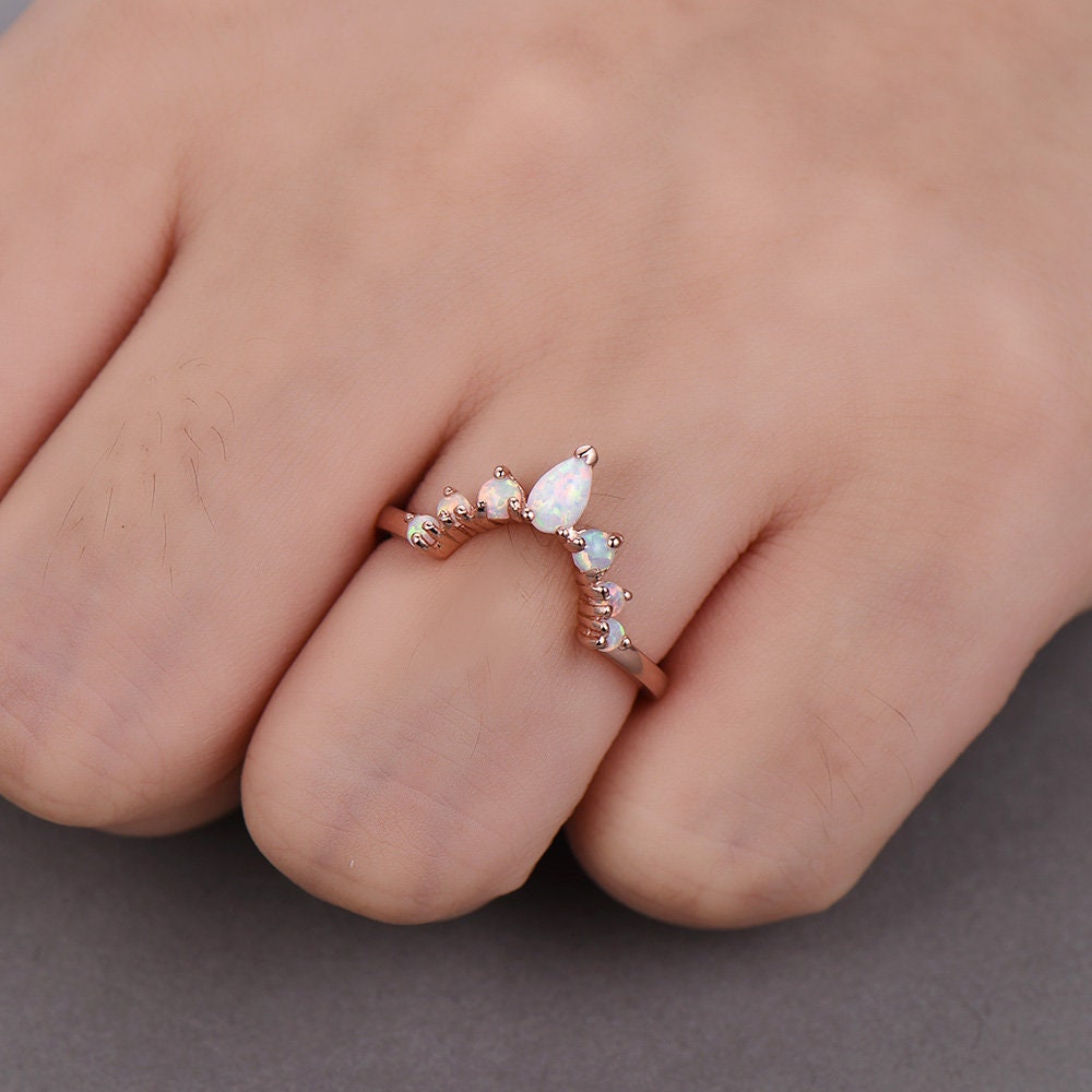 White Fire Opal Ring,Opal Matching Band,Curve Stacking Ring,Rose Gold Plated,October Birthston,Promise Ring