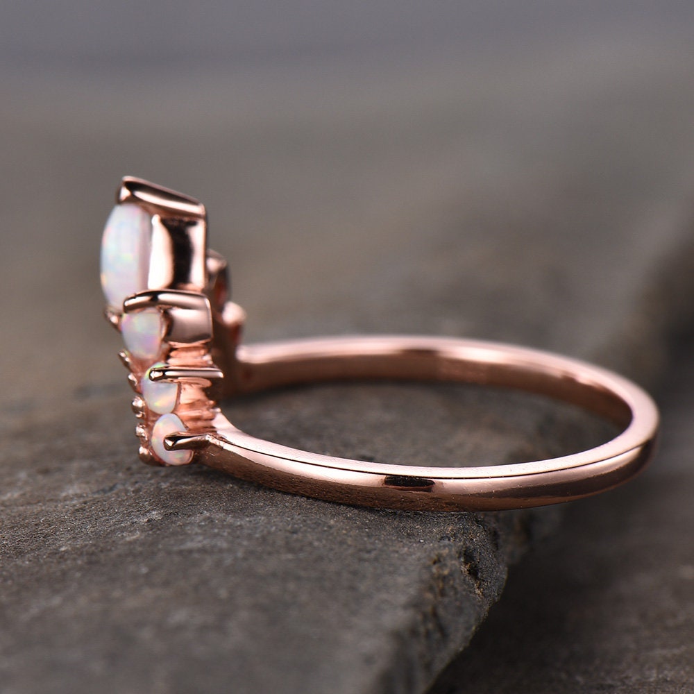 White Fire Opal Ring,Opal Matching Band,Curve Stacking Ring,Rose Gold Plated,October Birthston,Promise Ring