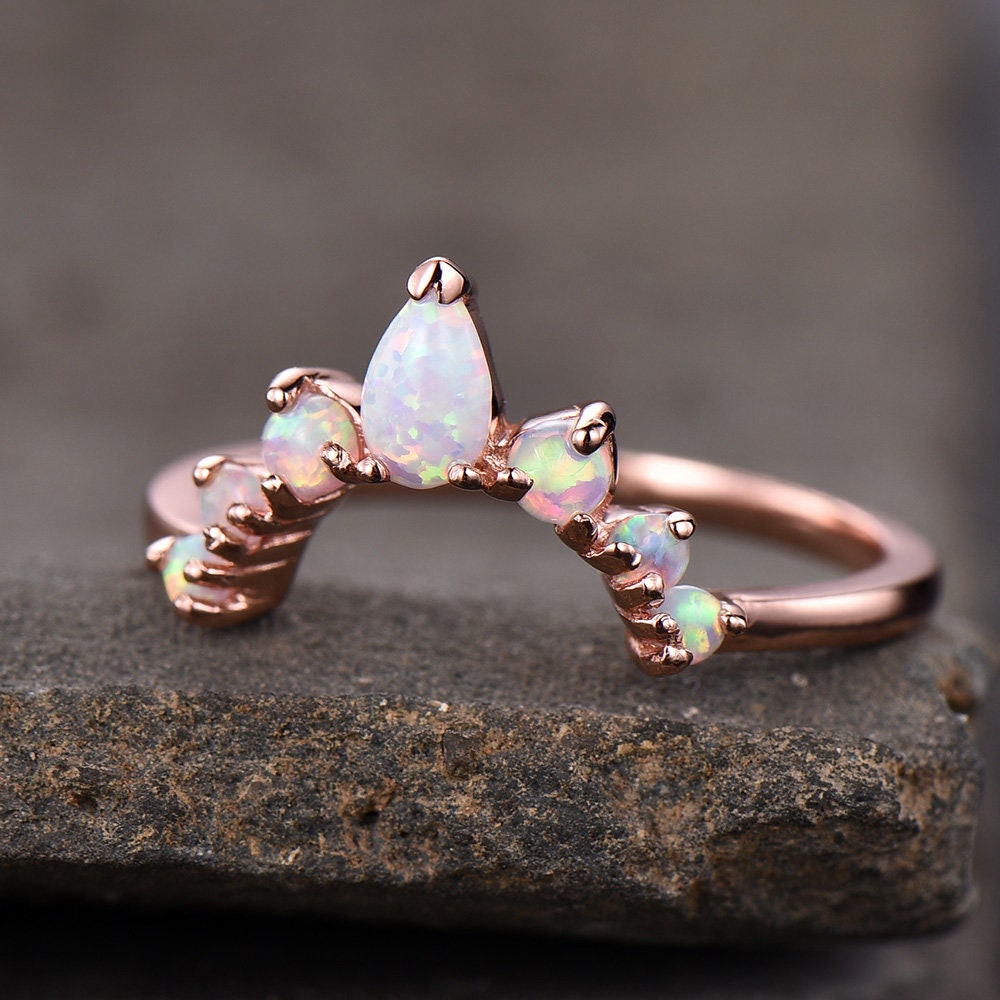 White Fire Opal Ring,Opal Matching Band,Curve Stacking Ring,Rose Gold Plated,October Birthston,Promise Ring
