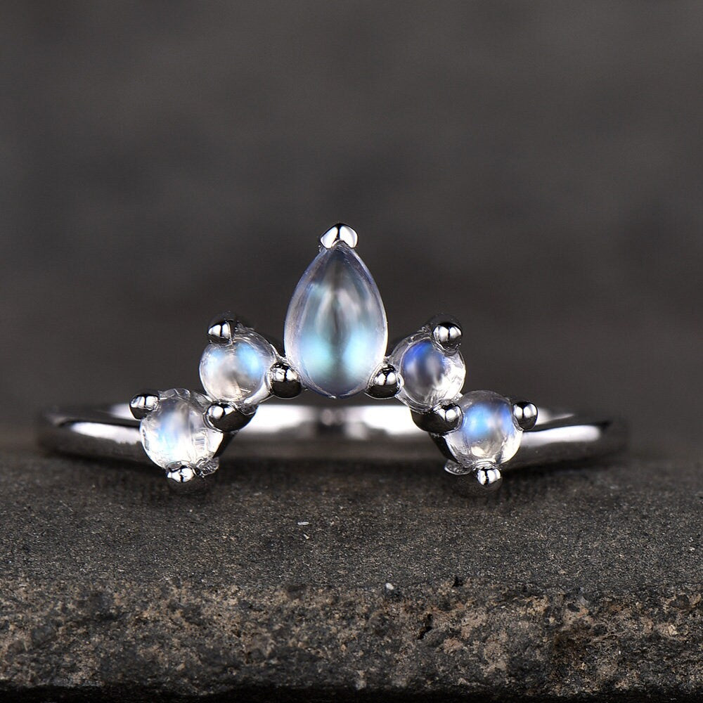 Moonstone Ring Natural Rainbow Moonstone Gemstone Sterling Silver Ring Curve Matching Band Stacking Ring Moonstne Jewelry June Birthstone
