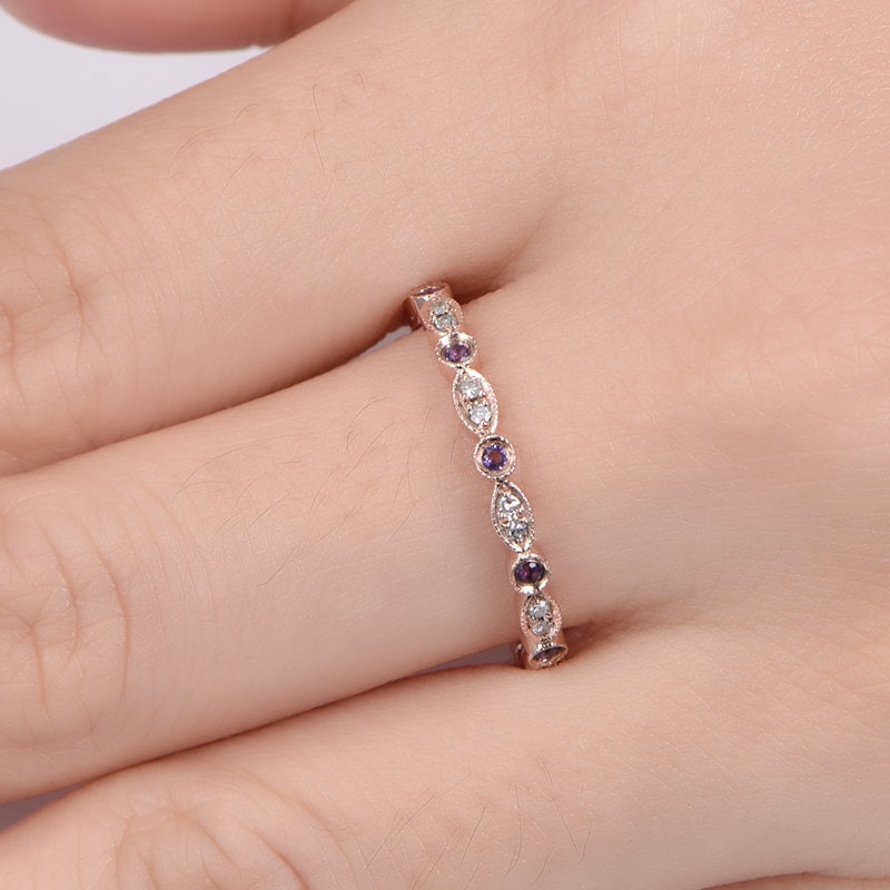 Amethyst diamond ring 14k rose gold 3/4 eternity promise ring natural birthstone matching band pave set Milgrain Marquise Style