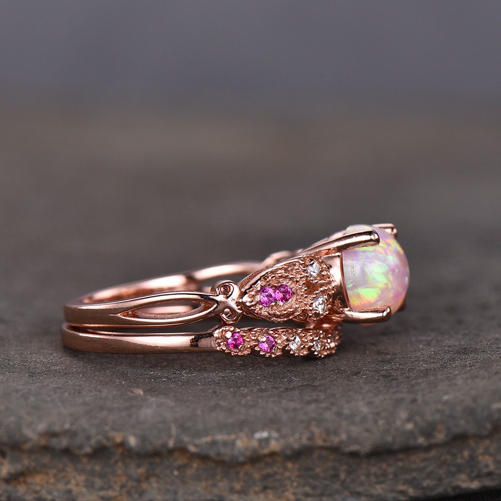 Vintage Ring Set Pink Fire Opal Engagement Ring Natural Ruby Stones Art Deco Simulated Diamond Sterling Silver Wedding Set Promise Ring