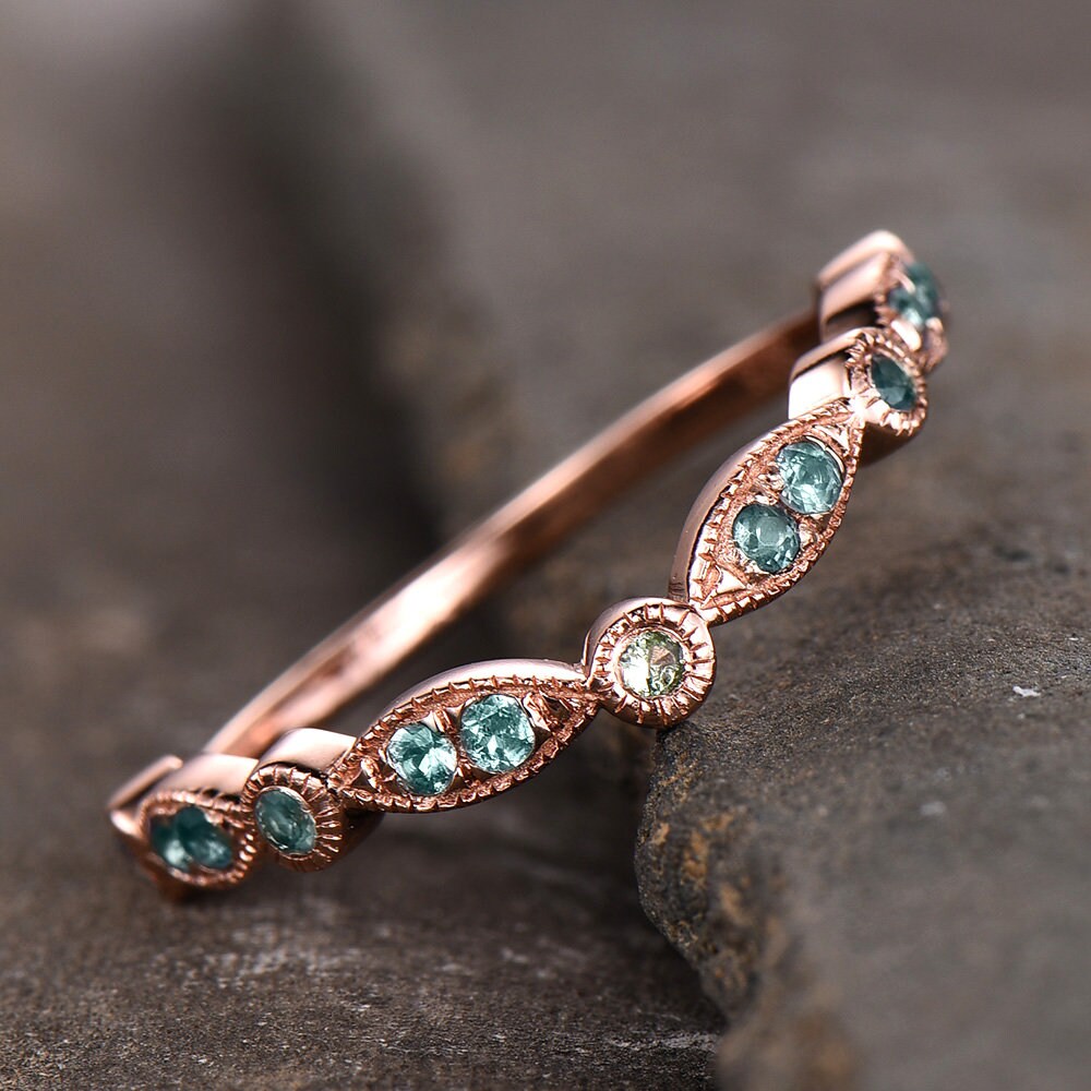 Art Deco Ring Alexandrite and Peridot Wedding Band Dlicate Ring June Birthstone Ring Rose Gold Plated Anniversary Gift