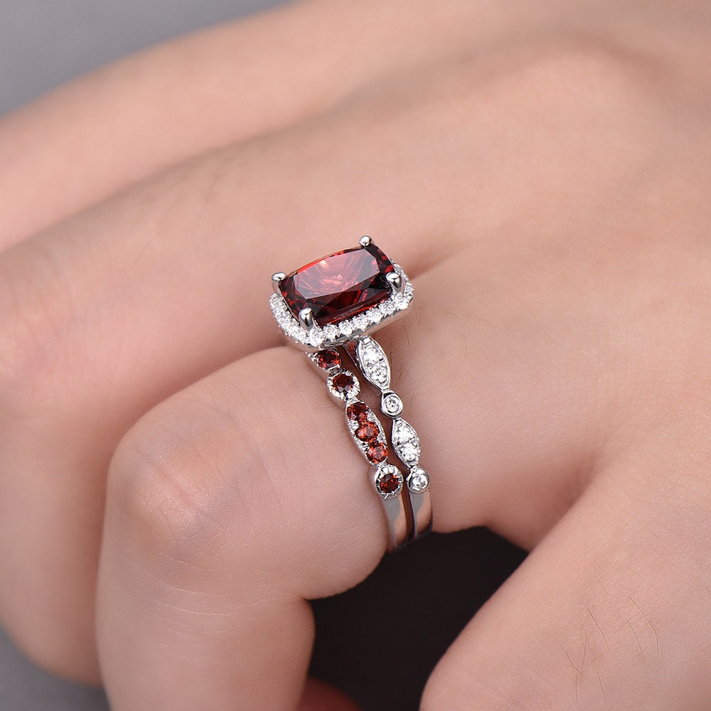 Garnet Wedding Set Natural Red Garnet Cushion Cut Sterling Silver Ring Art Deco Wedding Band Handmade Gift Birthday Gift Ring Vintage