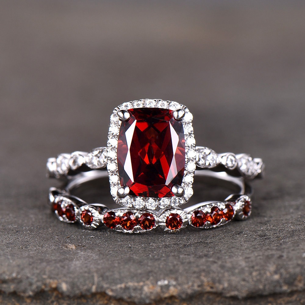 Garnet Wedding Set Natural Red Garnet Cushion Cut Sterling Silver Ring Art Deco Wedding Band Handmade Gift Birthday Gift Ring Vintage
