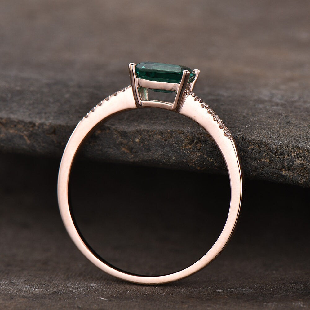 Dainty Moss Agate Rose Gold Ring Emerald Cut Moss Agate Engagement Ring Art Deco Half Eternity Bridal Wedding Promise Ring Gift for Her