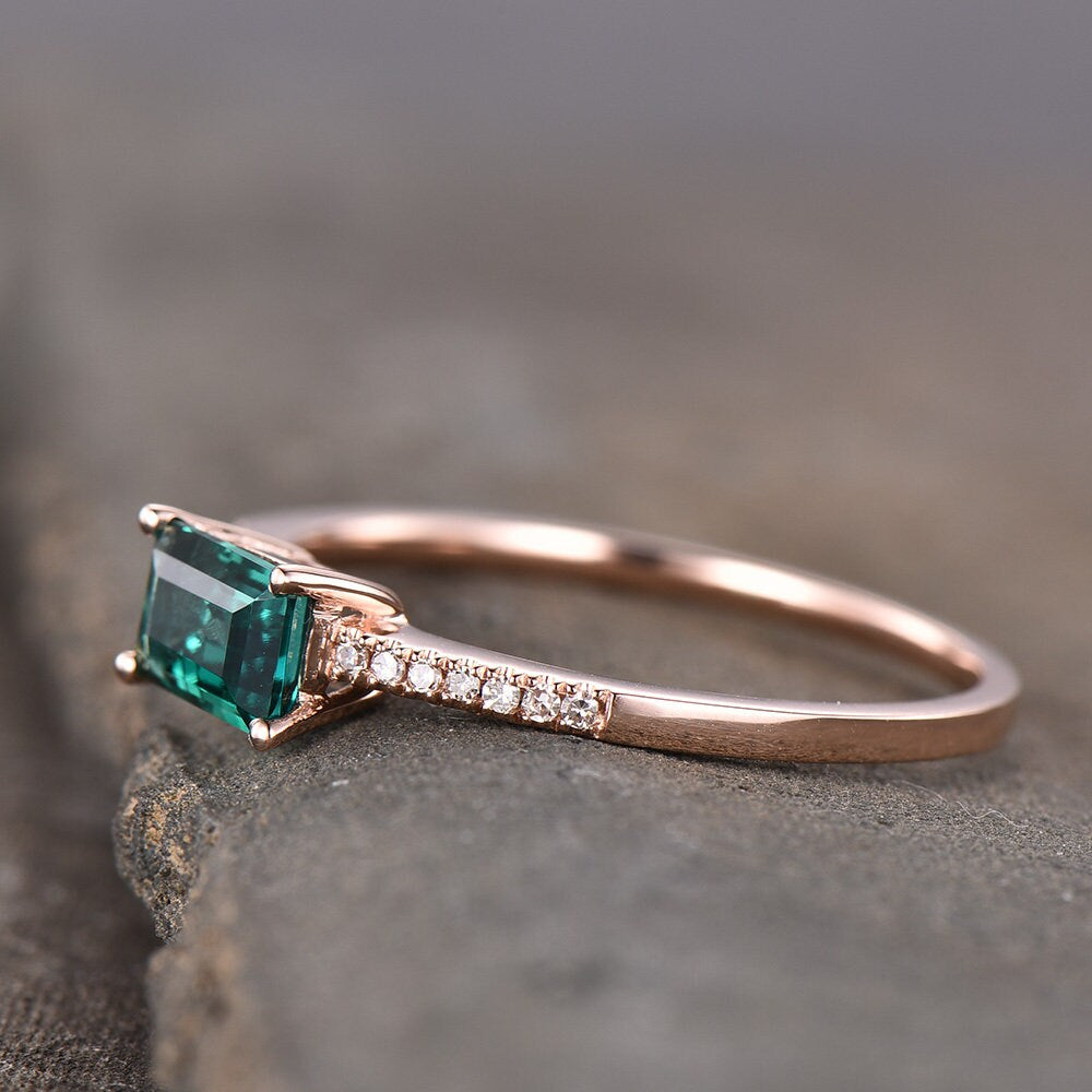 Dainty Moss Agate Rose Gold Ring Emerald Cut Moss Agate Engagement Ring Art Deco Half Eternity Bridal Wedding Promise Ring Gift for Her