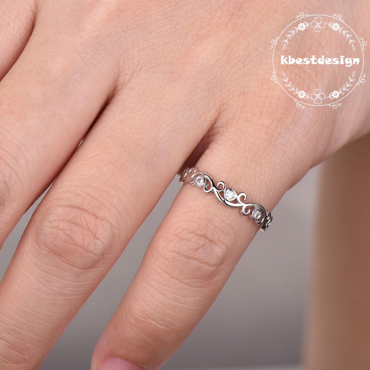 Delicate Sterling Silver Ring,Dainty Ring,Floral Ring,Stacking Ring,Diamond Simulated Band,Anniversary Gift