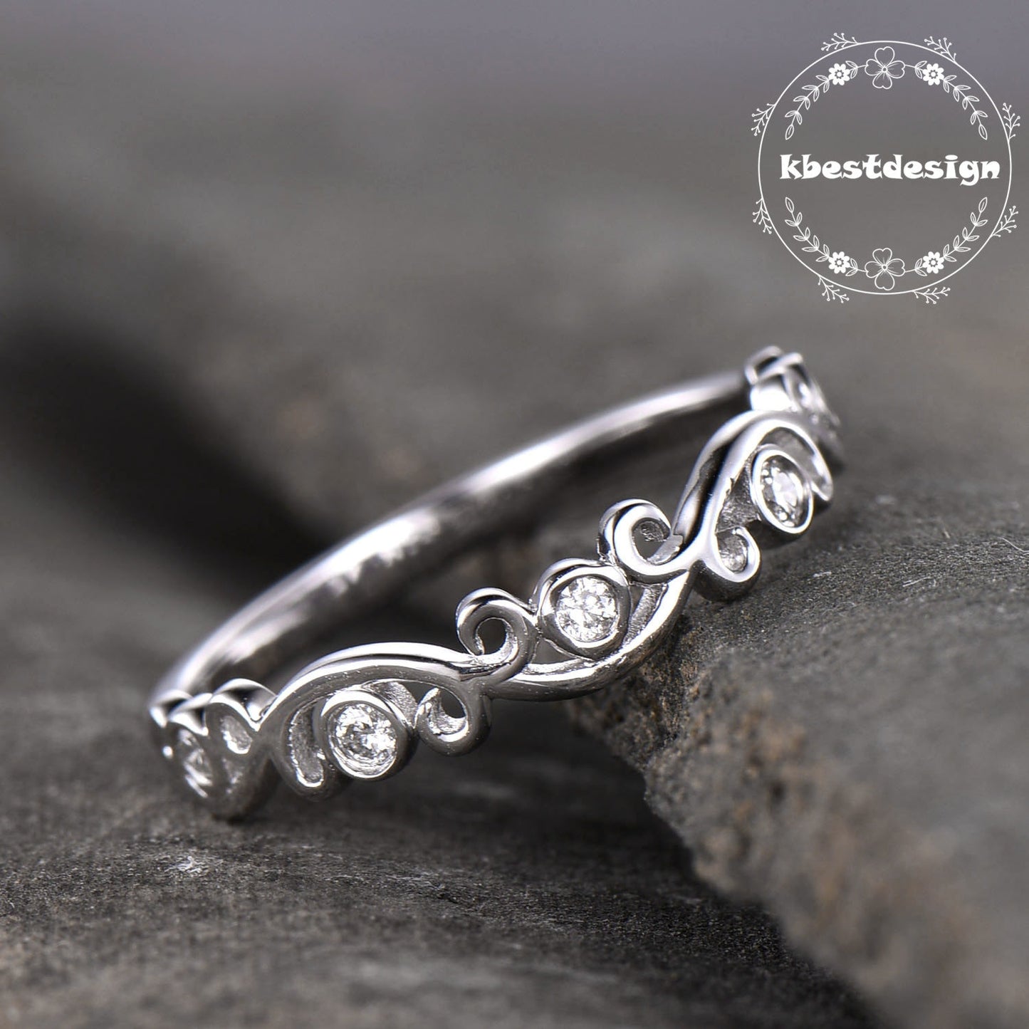 Delicate Sterling Silver Ring,Dainty Ring,Floral Ring,Stacking Ring,Diamond Simulated Band,Anniversary Gift