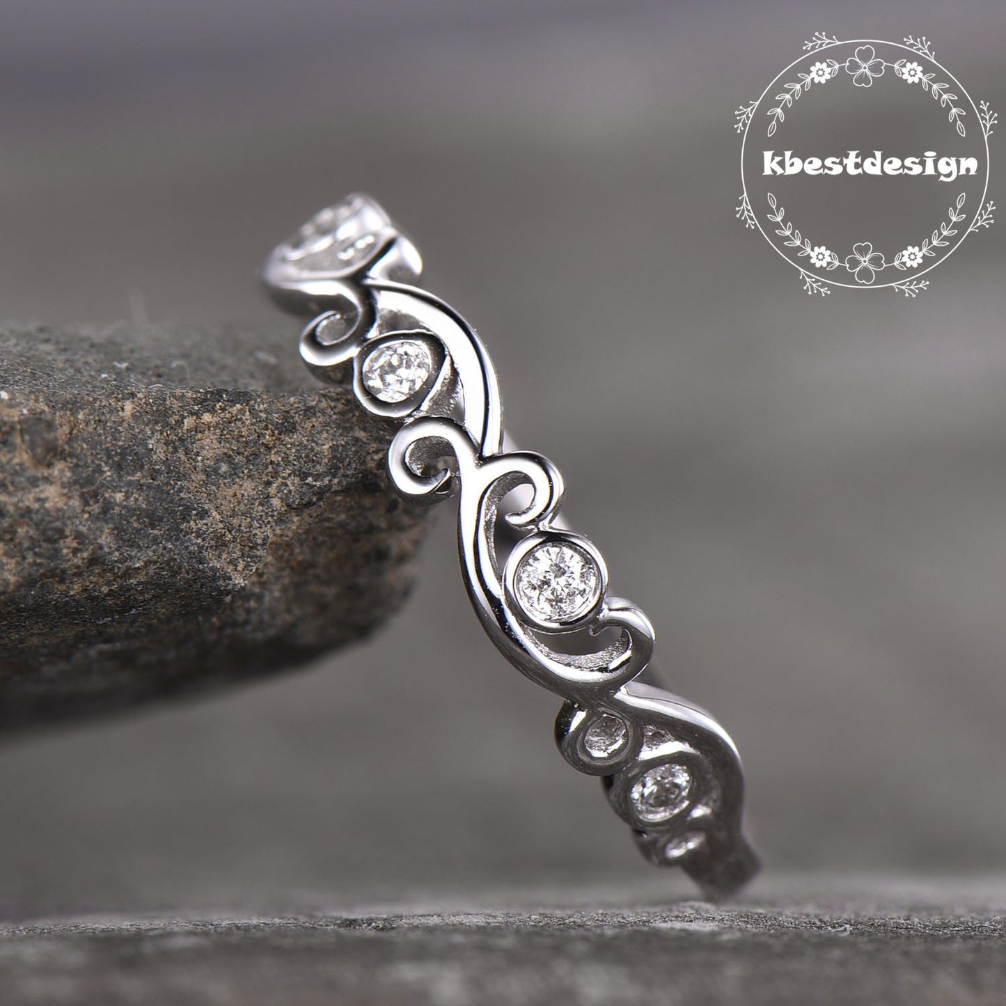 Delicate Sterling Silver Ring,Dainty Ring,Floral Ring,Stacking Ring,Diamond Simulated Band,Anniversary Gift