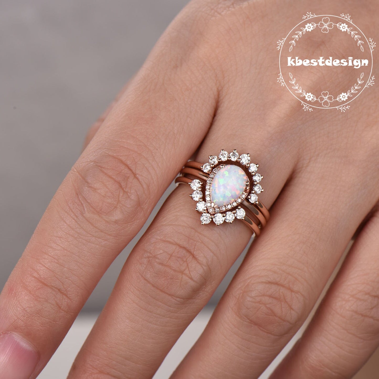 Opal Ring Vintage Sterling Silver Set Teardrop Opal Engagement Ring Crown Curved Stacking Ring Unique Bridal Jewelry Gift For Her