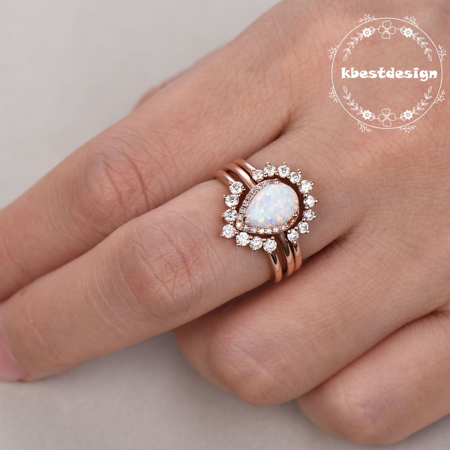 Opal Ring Vintage Sterling Silver Set Teardrop Opal Engagement Ring Crown Curved Stacking Ring Unique Bridal Jewelry Gift For Her