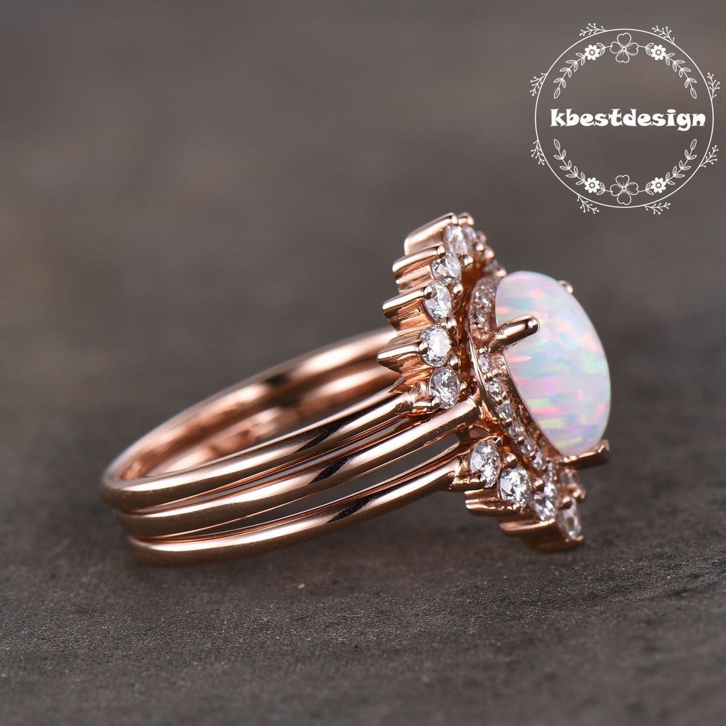 Opal Ring Vintage Sterling Silver Set Teardrop Opal Engagement Ring Crown Curved Stacking Ring Unique Bridal Jewelry Gift For Her