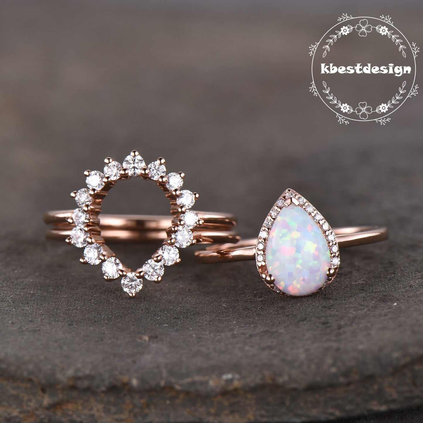 Opal Ring Vintage Sterling Silver Set Teardrop Opal Engagement Ring Crown Curved Stacking Ring Unique Bridal Jewelry Gift For Her