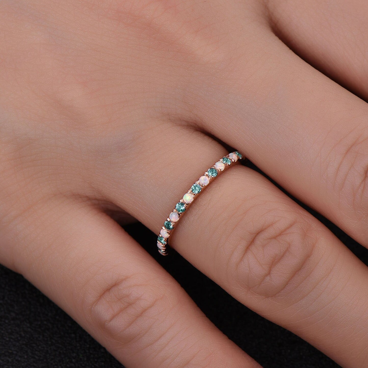 Alexandrite and Opal Ring Alternating Stone Ring Unique Opal Wedding Band Eternity Band Rose Gold Plated Anniversary Gift Bridal Ring