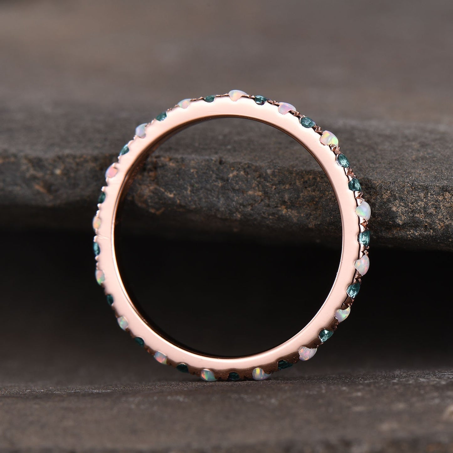 Alexandrite and Opal Ring Alternating Stone Ring Unique Opal Wedding Band Eternity Band Rose Gold Plated Anniversary Gift Bridal Ring