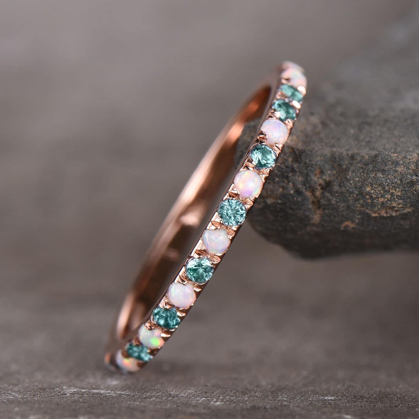 Alexandrite and Opal Ring Alternating Stone Ring Unique Opal Wedding Band Eternity Band Rose Gold Plated Anniversary Gift Bridal Ring