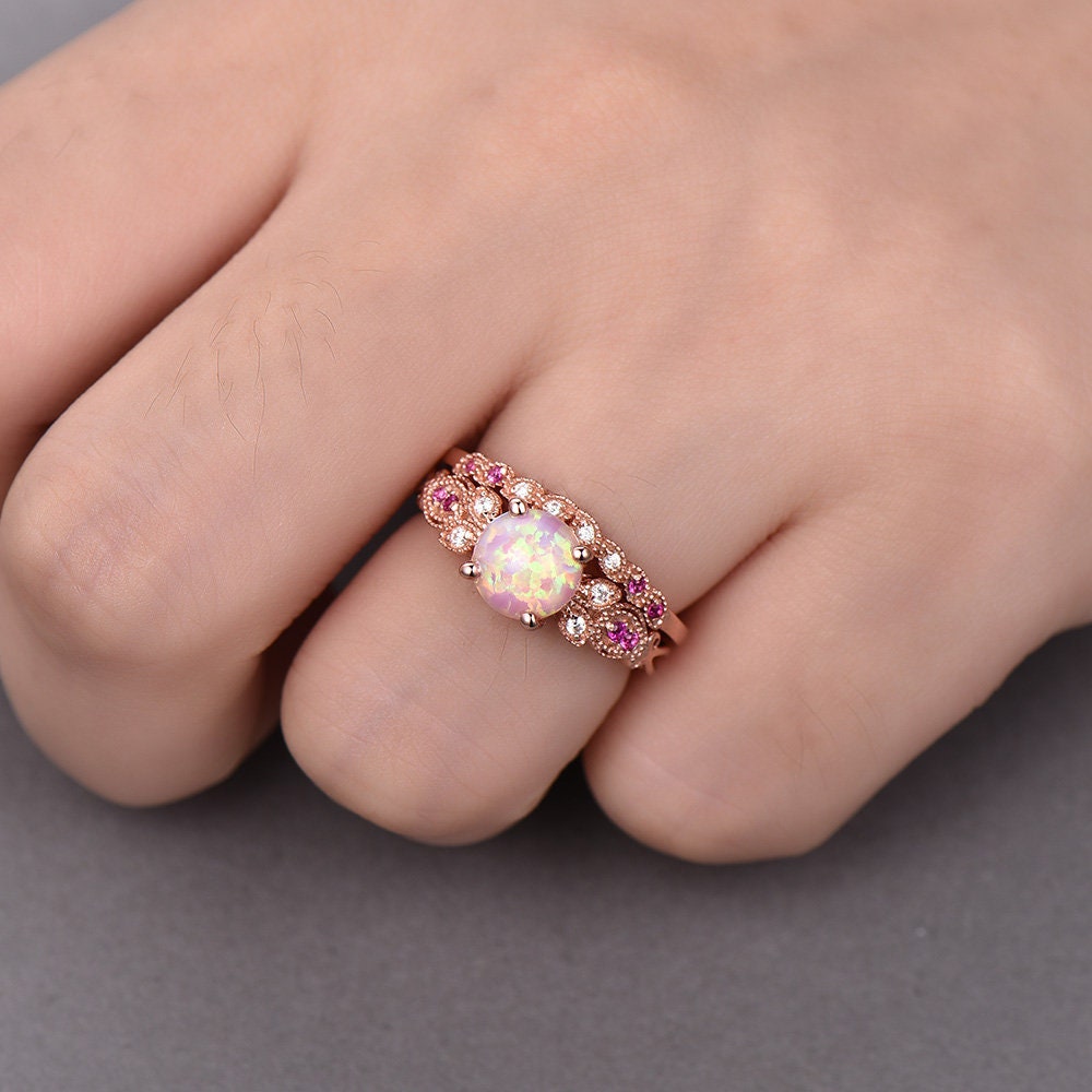 Vintage Ring Set Pink Fire Opal Engagement Ring Natural Ruby Stones Art Deco Simulated Diamond Sterling Silver Wedding Set Promise Ring