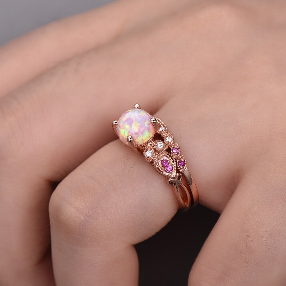 Vintage Ring Set Pink Fire Opal Engagement Ring Natural Ruby Stones Art Deco Simulated Diamond Sterling Silver Wedding Set Promise Ring