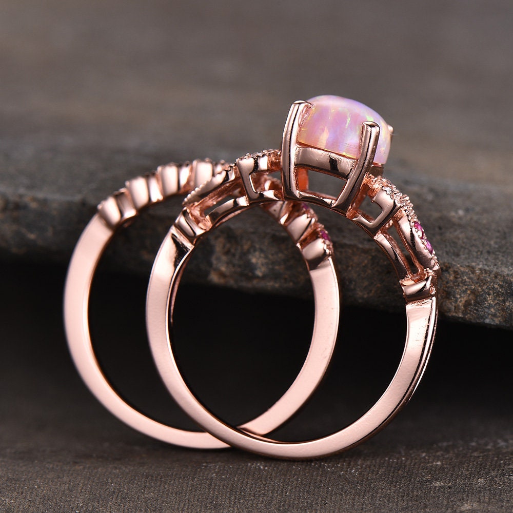 Vintage Ring Set Pink Fire Opal Engagement Ring Natural Ruby Stones Art Deco Simulated Diamond Sterling Silver Wedding Set Promise Ring