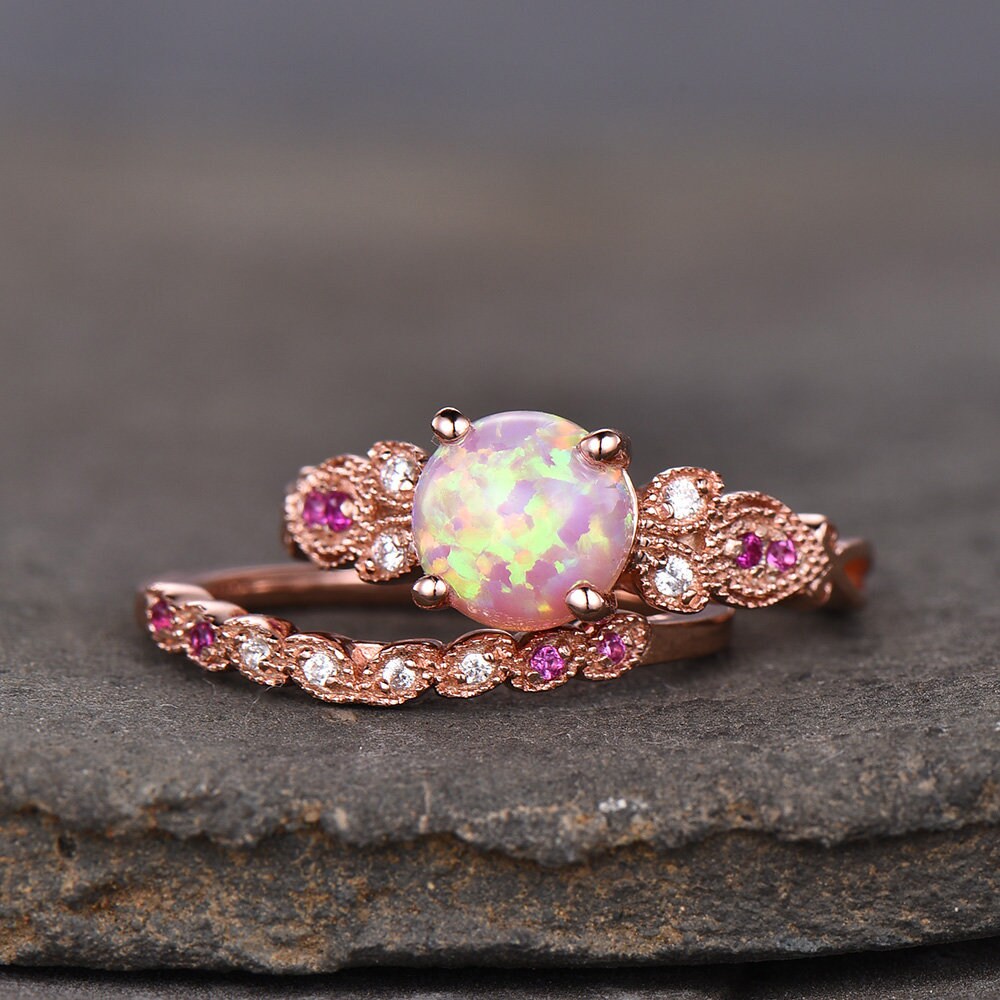 Vintage Ring Set Pink Fire Opal Engagement Ring Natural Ruby Stones Art Deco Simulated Diamond Sterling Silver Wedding Set Promise Ring