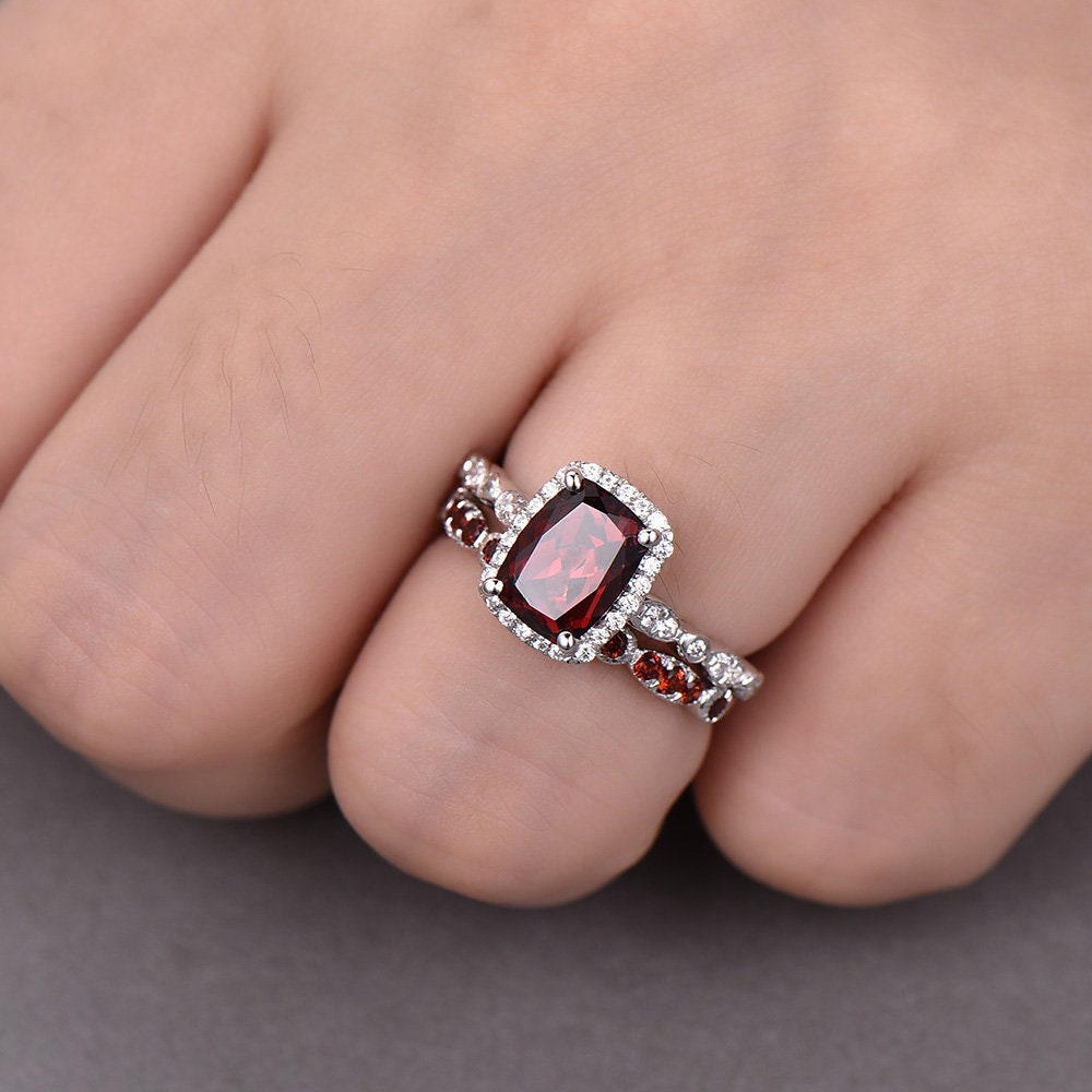 Garnet Wedding Set Natural Red Garnet Cushion Cut Sterling Silver Ring Art Deco Wedding Band Handmade Gift Birthday Gift Ring Vintage