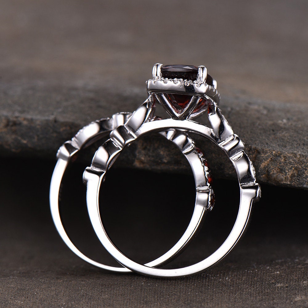 Garnet Wedding Set Natural Red Garnet Cushion Cut Sterling Silver Ring Art Deco Wedding Band Handmade Gift Birthday Gift Ring Vintage