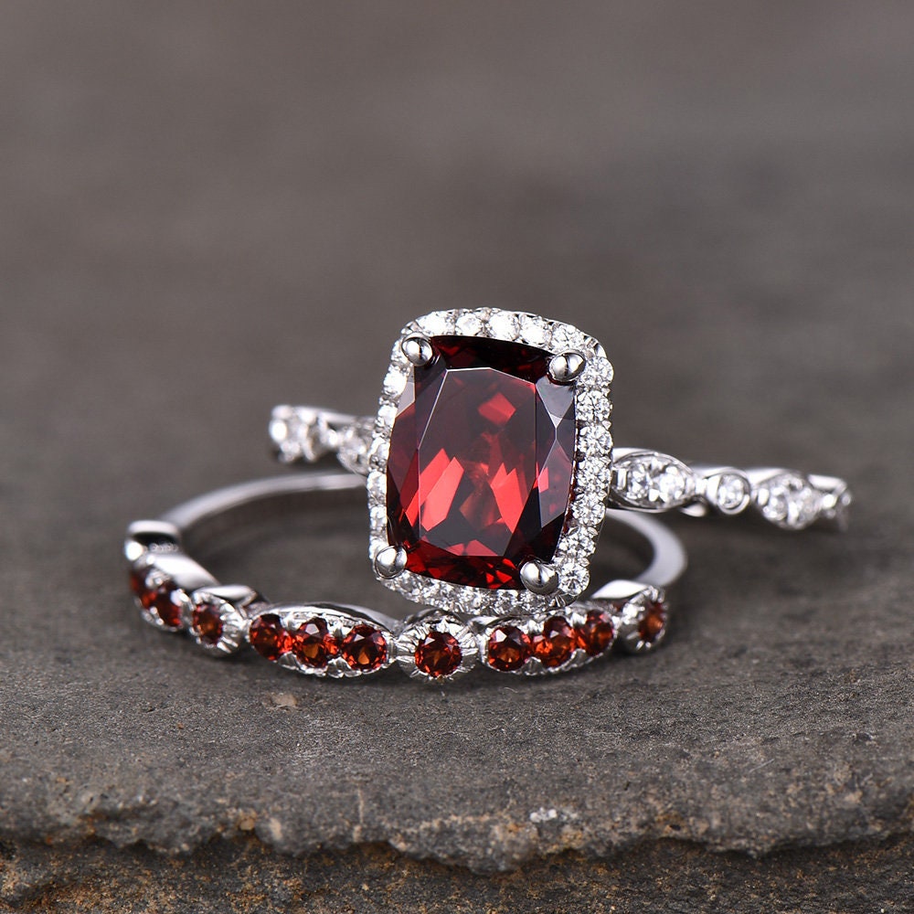 Garnet Wedding Set Natural Red Garnet Cushion Cut Sterling Silver Ring Art Deco Wedding Band Handmade Gift Birthday Gift Ring Vintage