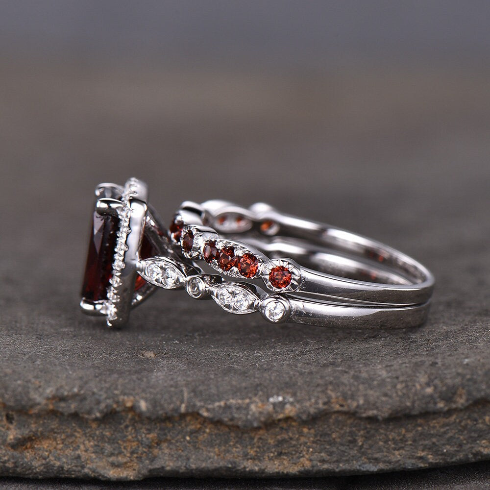 Garnet Wedding Set Natural Red Garnet Cushion Cut Sterling Silver Ring Art Deco Wedding Band Handmade Gift Birthday Gift Ring Vintage