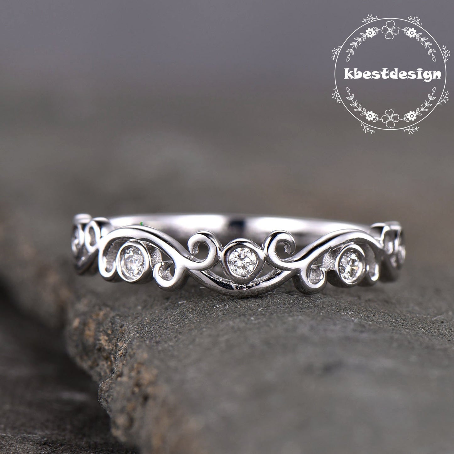 Delicate Sterling Silver Ring,Dainty Ring,Floral Ring,Stacking Ring,Diamond Simulated Band,Anniversary Gift
