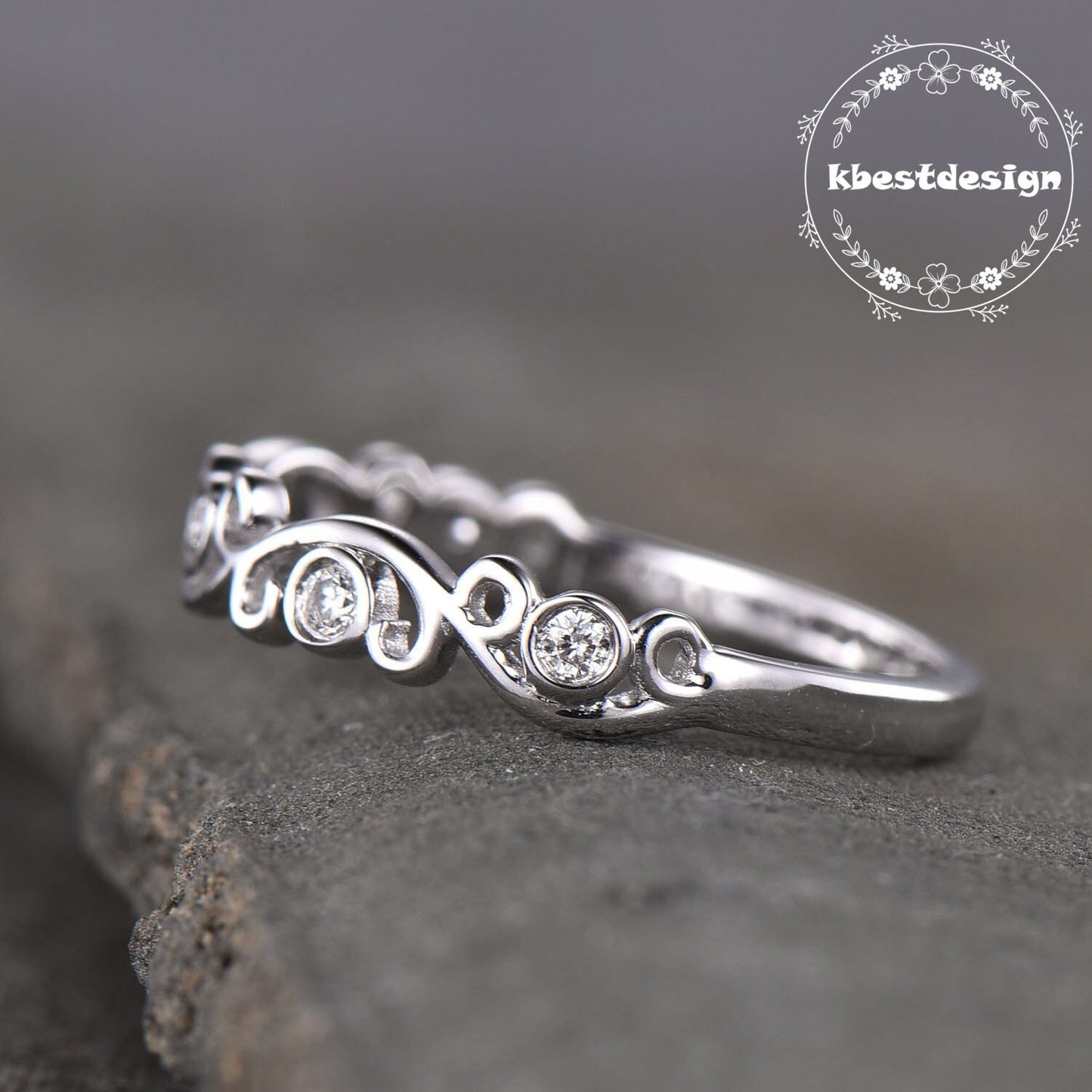 Delicate Sterling Silver Ring,Dainty Ring,Floral Ring,Stacking Ring,Diamond Simulated Band,Anniversary Gift