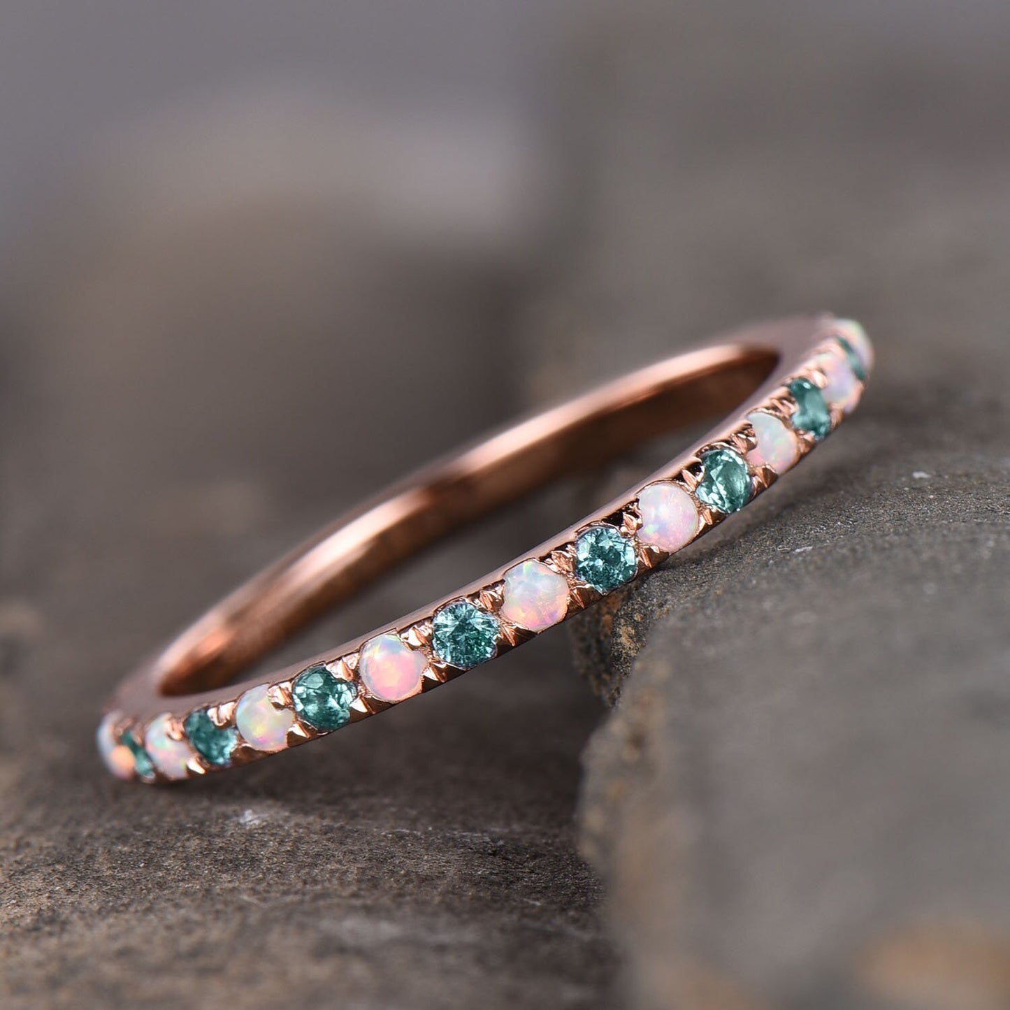 Alexandrite and Opal Ring Alternating Stone Ring Unique Opal Wedding Band Eternity Band Rose Gold Plated Anniversary Gift Bridal Ring