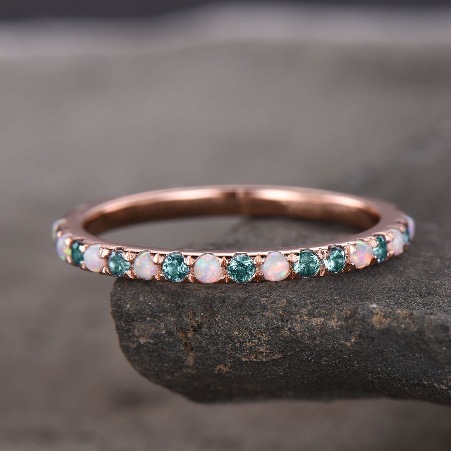 Alexandrite and Opal Ring Alternating Stone Ring Unique Opal Wedding Band Eternity Band Rose Gold Plated Anniversary Gift Bridal Ring