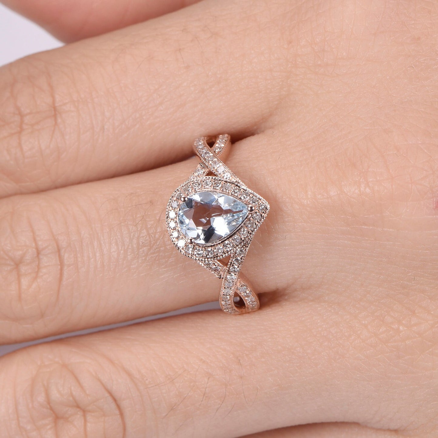 Aquamarine engagement ring split shank solid 14k rose gold wedding band 6x8mm pear cut VVS aquamarine natural diamond accents promise ring