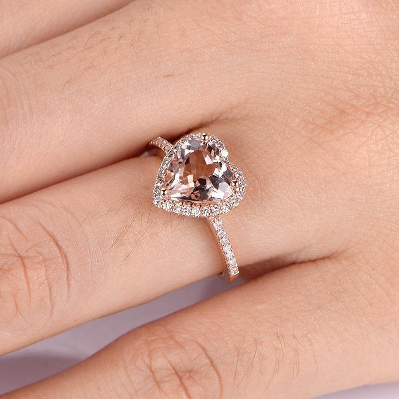 8mm Heart Shape Morganite Engagement Ring Pink Morganite Ring Natural Gemstone Ring Diamond Ring Diamond Wedding Band Solid 14k White Gold