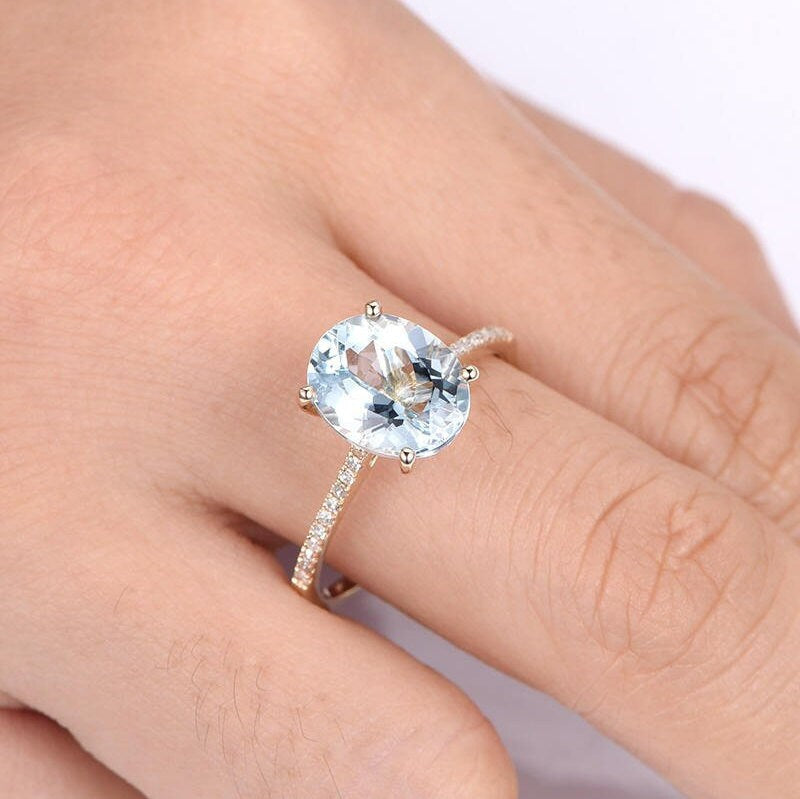 Aquamarine ring natural aquamarine engagement ring 8x10mm oval cut gemstone diamond band delicate jewelry custom ring 14k yellow gold ring