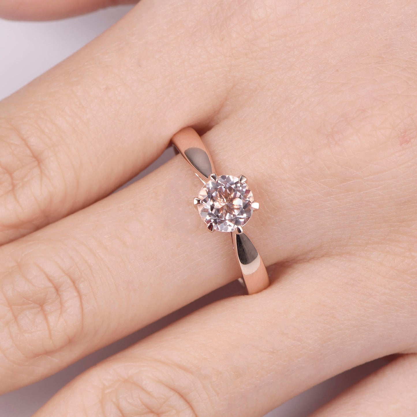 Morganite engagement ring rose gold plain band 14k solitaire gemstone ring 6.5mm round cut natural morganite six prongs set Valentine