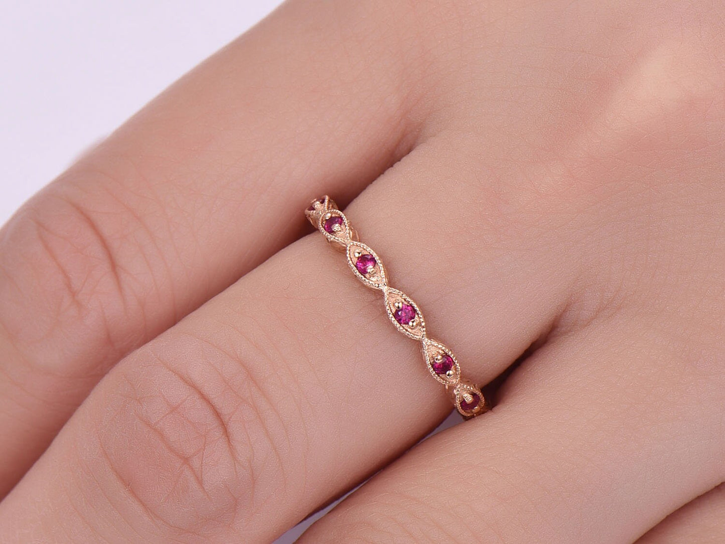 Rose gold ruby wedding band full eternity ring art deco milgrain style natural birthstone everyday rings solid 14k promise ring anniversary