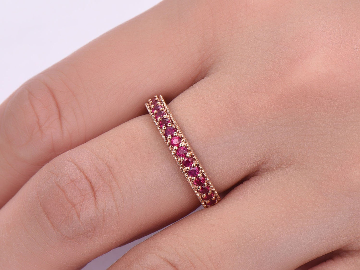 Ruby wedding band 14k rose gold half eternity ring milgrain style July birthstone ring natural gemstone anniversary gift