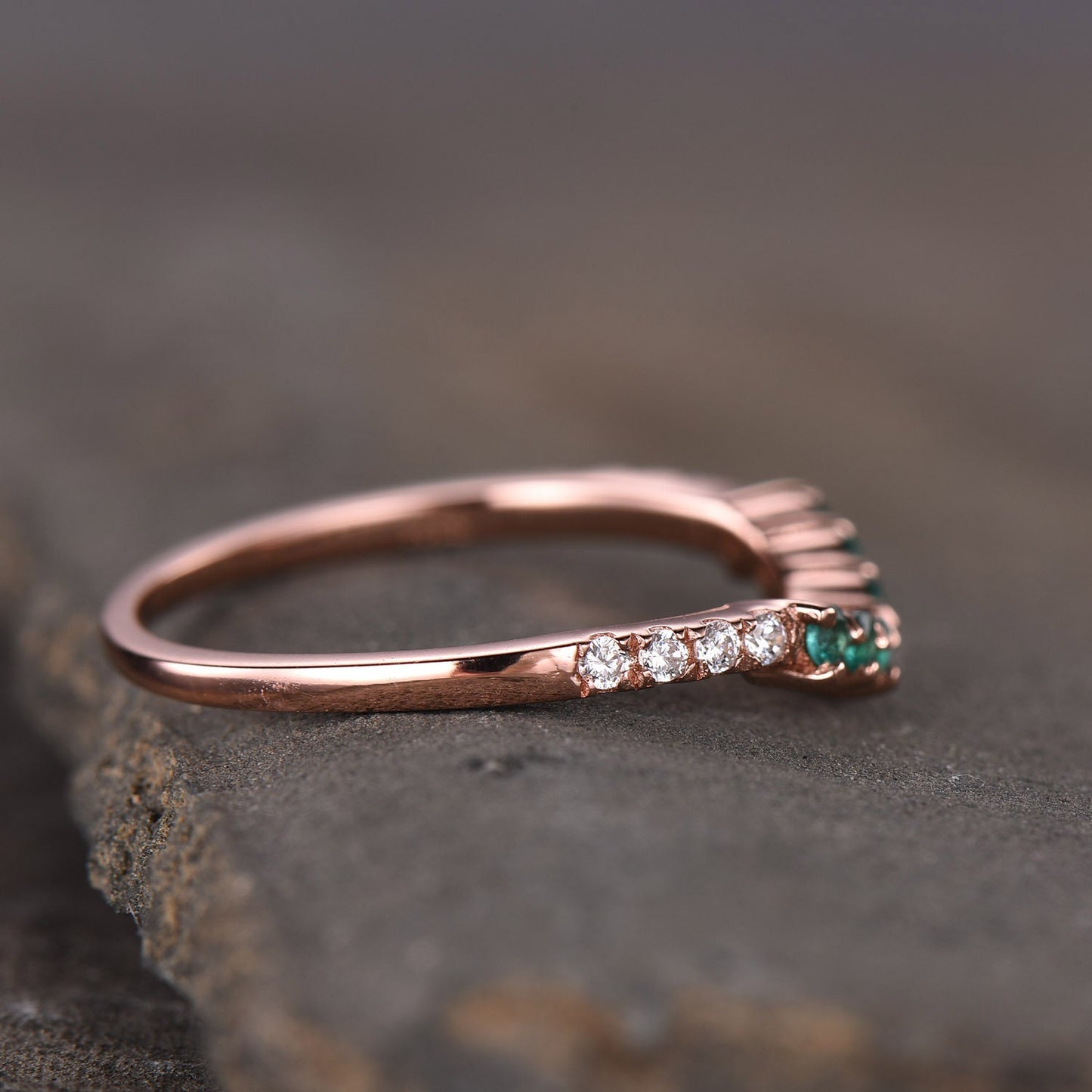 Dainty Emerald Ring May Birthstone Ring Emerald Silver Ring Curve Stacking Ring Gemstones Ring CZ Diamond Wedding Band Anniversary Gift