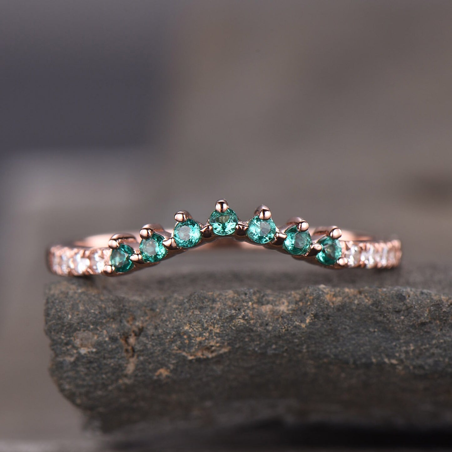 Dainty Emerald Ring May Birthstone Ring Emerald Silver Ring Curve Stacking Ring Gemstones Ring CZ Diamond Wedding Band Anniversary Gift