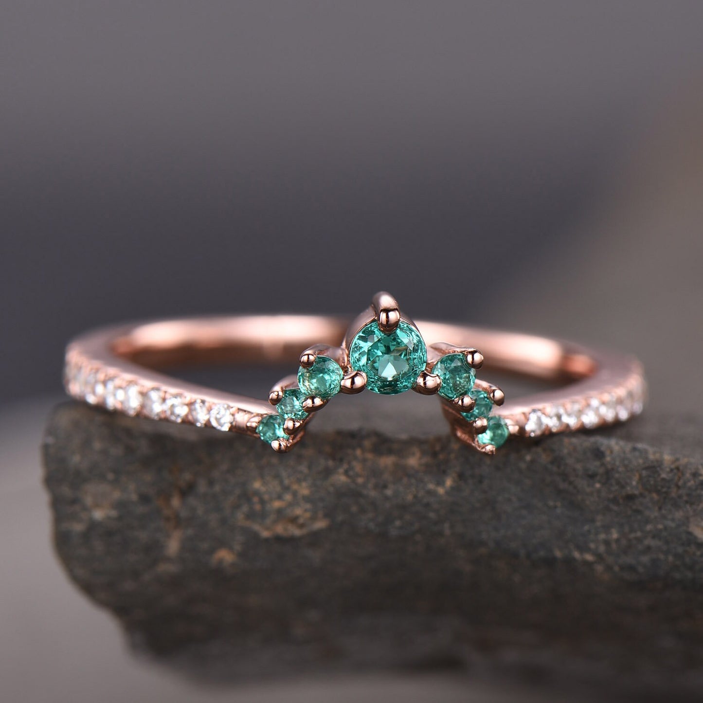 Emerald Crown Ring CZ Diamond Eternity Band Sterling Silver Emerald Ring Cluster Ring Stacking Emerald Ring Gift for Her