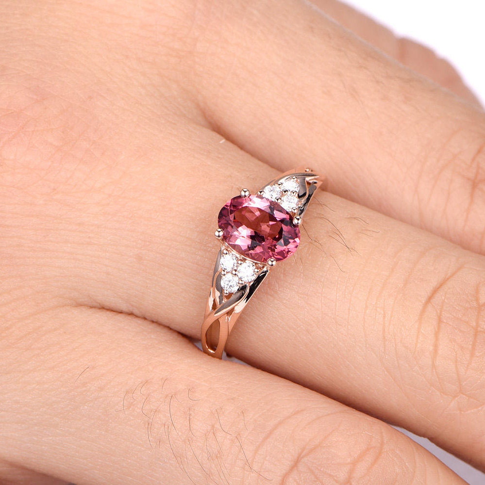 Tourmaline ring 1.35ct pink tourmaline ring full cut diamond wedding band diamond engagement ring soild 14k rose gold promise ring