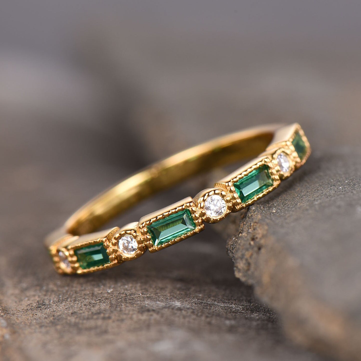 Emerald Wedding Band Half Eternity Band Art Deco Stacking Wedding Ring Anniversary Ring Sterling Silver Rose Gold Plated Milgrain