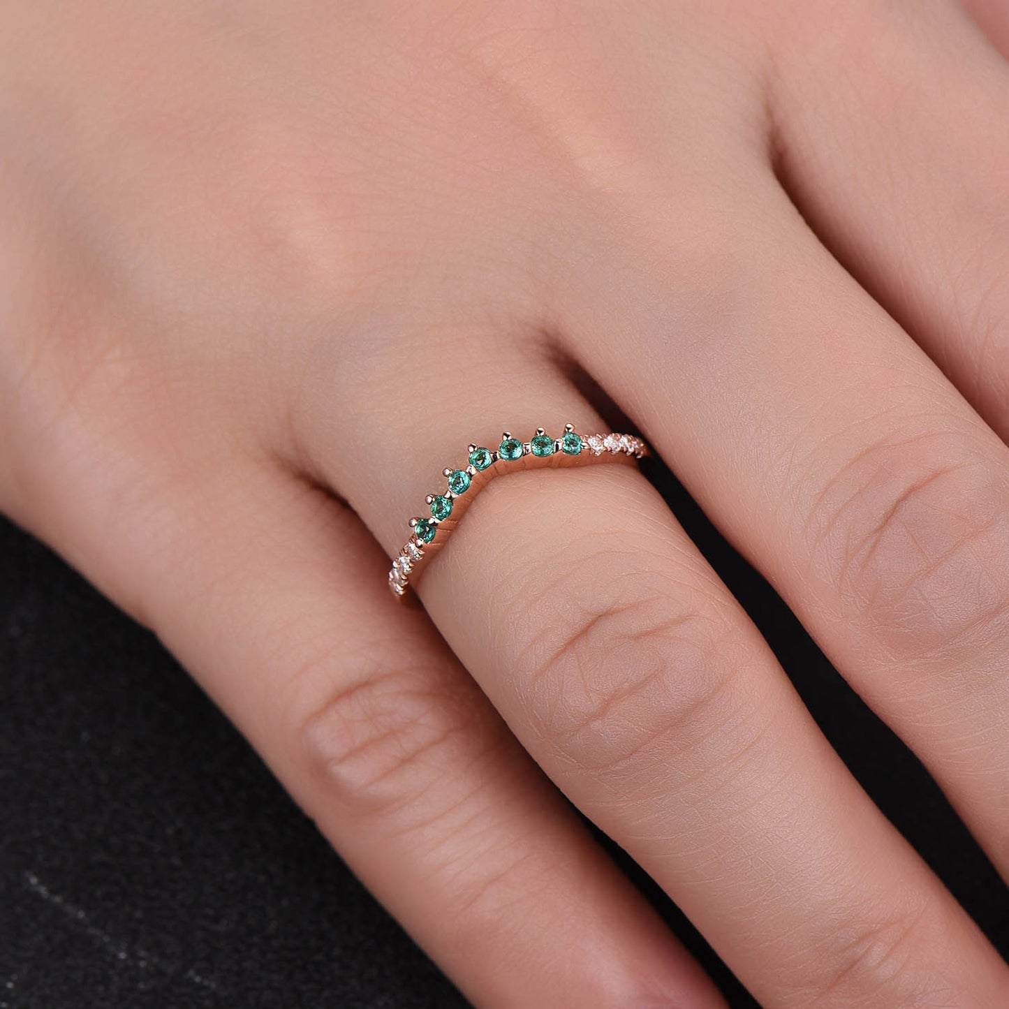 Dainty Emerald Ring May Birthstone Ring Emerald Silver Ring Curve Stacking Ring Gemstones Ring CZ Diamond Wedding Band Anniversary Gift